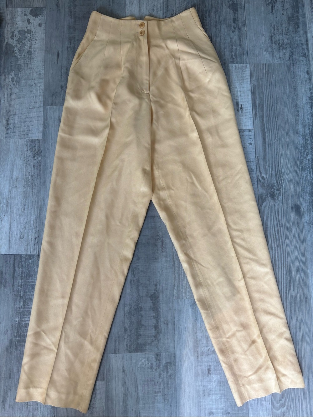 Vintage Silk Via Seta High-Waist Creamy Yellow Pleated Trousers for Women
